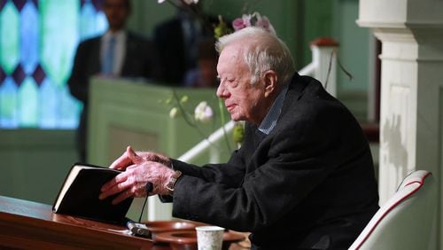 Former U.S. President Jimmy Carter, seen here at Maranatha Baptist Church when he was 94 years old, will turn 100 on Tuesday, joining a growing cohort of centenarians. Carter has been in home hospice for 19 months. (Curtis Compton/AJC file)