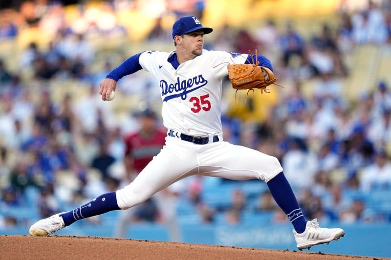 Los Angeles Dodgers starting pitcher Gavin Stone throws to the plate during the first inning of a baseball game against the Arizona Diamondbacks Wednesday, July 3, 2024, in Los Angeles. (AP Photo/Mark J. Terrill)