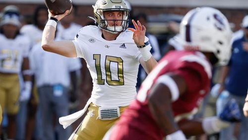 DUPLICATE***Georgia Tech Yellow Jackets quarterback Haynes King (10) looks for a receiver during a football game against South Carolina State at Bobby Dodd Stadium in Atlanta on Saturday, September 9, 2023.   (Bob Andres for the Atlanta Journal Constitution)