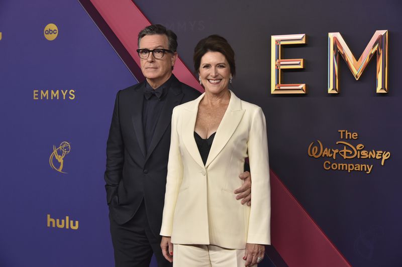 Stephen Colbert, left, and Evelyn McGee-Colbert arrive at the 76th Primetime Emmy Awards on Sunday, Sept. 15, 2024, at the Peacock Theater in Los Angeles. (Photo by Richard Shotwell/Invision/AP)