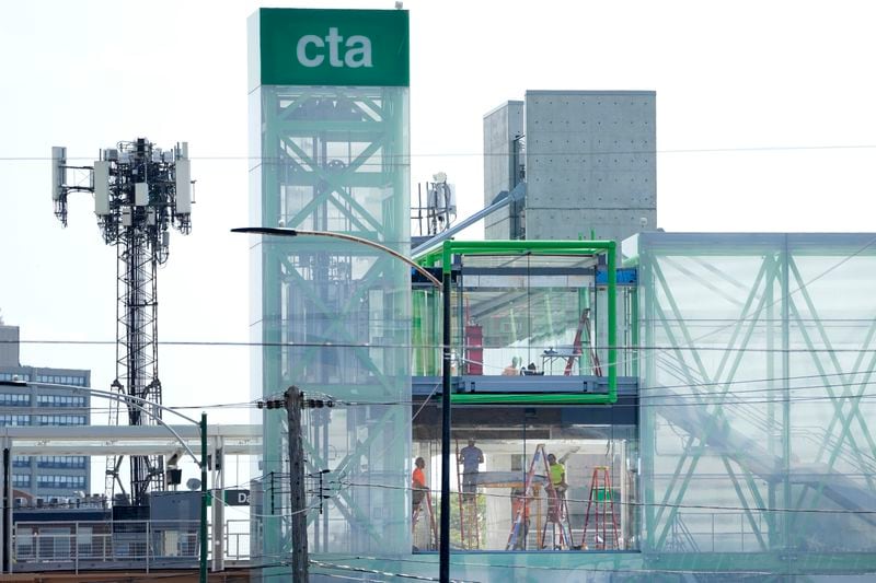 Construction continues on the new Chicago Transit Authority's Damen Ave. Green Line station Sunday, Aug. 4, 2024, near the United Center where the Democratic National Convention will convene Monday, August 19, in Chicago. (AP Photo/Charles Rex Arbogast)