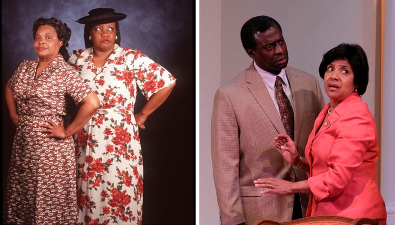 Elisabeth Omilami (bright flowered dress and hat in photo at left), with Delores Mitchell as they appeared in a 1999 Alliance Theatre production of "The Old Settler." Afemo Omilami (in photo at right) and Phylicia Rashad in a 2015 stage performance of "Guess Who's Coming to Dinner," directed by Kenny Leon. (Courtesy of Alliance Theatre; AJC file photo / Tyson A. Horne)