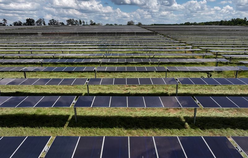 An aerial photograph shows a large solar farm owned by Silicon Ranch near Perry, Tuesday, August 26, 2024, in Kathleen. (Hyosub Shin/AJC)