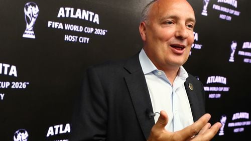 Darren Eales, President Atlanta United FC, takes questions during the Host City announcement press conference for the 2026 World Cup at Mercedes-Benz Stadium on Thursday, June 16, 2022, in Atlanta.     “Curtis Compton / Curtis.Compton@ajc.com”