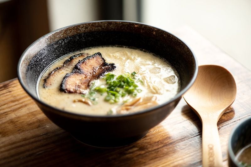 Tonkotsu Ramen with traditional rich pork broth, pork chashu, soft boiled egg, bamboo shoots, scallion, and thin noodles. Photo credit- Mia Yakel.