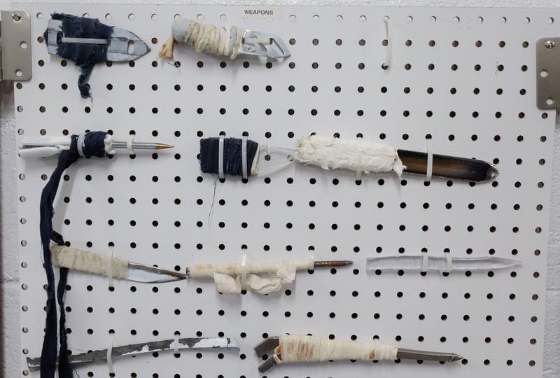 Views of makeshift weapons made by inmates in the contraband room shown at Fulton County Jail on Thursday, March 30, 2023. Plans for a new multibillion dollar facility on the 35 acre campus are underway. (Natrice Miller/ natrice.miller@ajc.com)