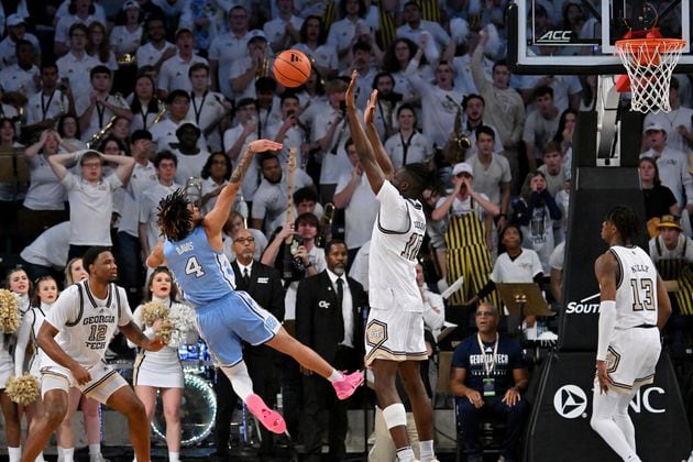 North Carolina guard RJ Davis (4) is not able to score at the end of the second half in an NCAA college basketball game at Georgia Tech’s McCamish Pavilion, Tuesday, January 30, 2024, in Atlanta. Georgia Tech won 74-73 over North Carolina. (Hyosub Shin / Hyosub.Shin@ajc.com)