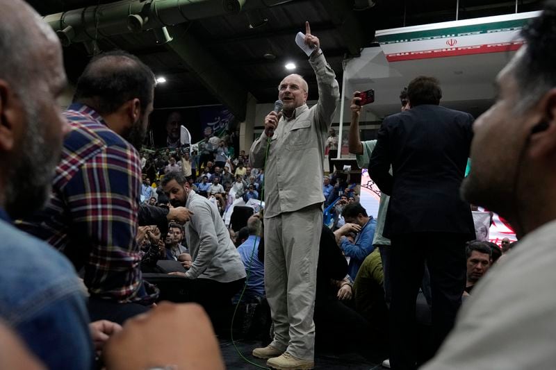Iran's parliament speaker Mohammad Bagher Qalibaf, the most prominent hard-line candidate for the presidential election, speaks in his campaign gathering in Tehran, Iran, Wednesday, June 26, 2024. (AP Photo/Vahid Salemi)
