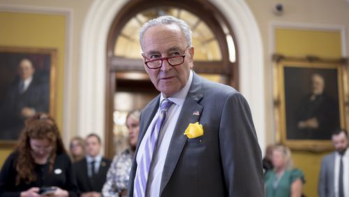 Senate Majority Leader Chuck Schumer, D-N.Y., pauses before talking with reporters after a meeting with fellow Democrats, at the Capitol in Washington, Tuesday, June 4, 2024. (AP Photo/J. Scott Applewhite)