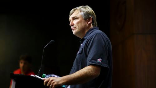 Georgia football head coach Kirby Smart speaks to members of the media at the Butts-Mehre Heritage Hall, Tuesday, August 13, 2024, in Athens, Ga. (Jason Getz / AJC)
