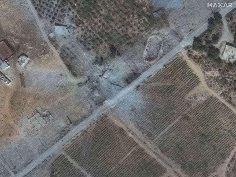 This satellite image released by Maxar Technologies shows a closer view of a building in Chouaghir, Lebanon, on Sept. 26, 2024, after airstrikes. (Satellite image ©2024 Maxar Technologies via AP)