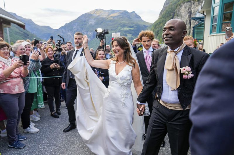 Norway's Princess Martha Louise and Durek Verrett arrive for their wedding party, in Geiranger, Norway, Saturday Aug. 31, 2024. (Heiko Junge/NTB via AP)