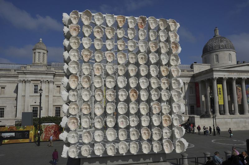 An artwork "Mil Veces un Instante (A Thousand Times in an Instant)" created by Mexican artist Teresa Margolles is placed for the Fourth Plinth, marking 25 years of the ground-breaking commissioning programme for public art at Trafalgar Square, in London, Wednesday, Sept. 18, 2024. (AP Photo/Kin Cheung)