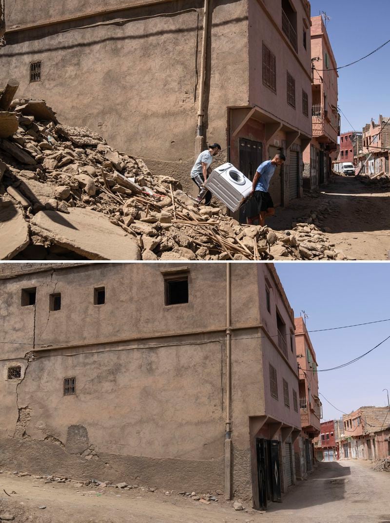 In this combination of photos, people recover a washing machine from their home damaged by an earthquake in the town of Amizmiz, Morocco, outside Marrakech, Sept. 10, 2023, and the same view on Sept. 4, 2024. (AP Photo/Mosa'ab Elshamy)