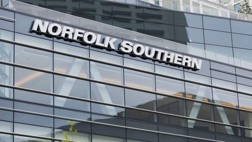 The Norfolk Southern logo is prominently displayed on the company's headquarters in Atlanta, on April 4, 2023. (Miguel Martinez/The Atlanta Journal-Constitution/TNS)