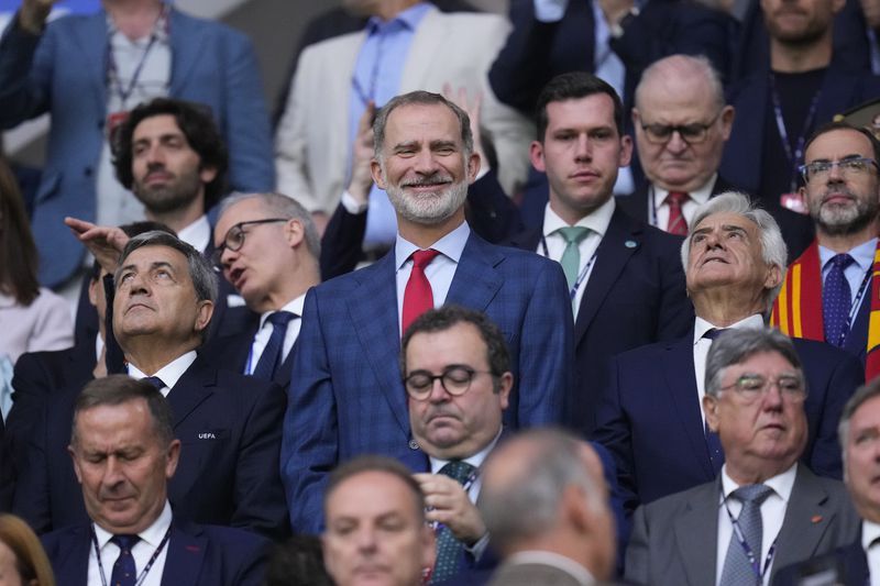 Felipe VI, King of Spain, watches from the stands before during a Group B match between Spain and Italy at the Euro 2024 soccer tournament in Gelsenkirchen, Germany, Thursday, June 20, 2024. (AP Photo/Manu Fernandez)