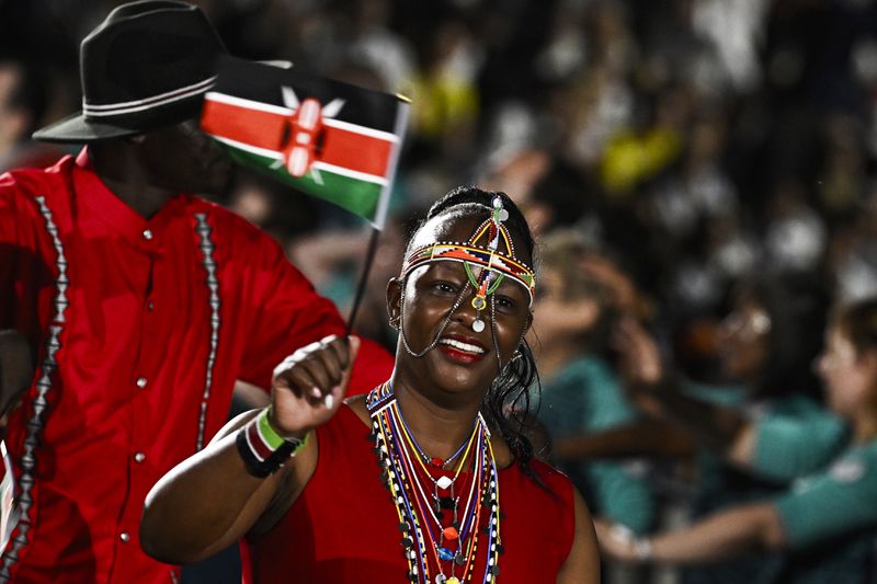 Kenya's delegation arrives during the Parade of Nations as part of the Paris 2024 Paralympic Games Opening Ceremony at the Place de la Concorde in Paris, France, Wednesday Aug. 28, 2024. (Julien De Rosa/Pool Photo via AP)