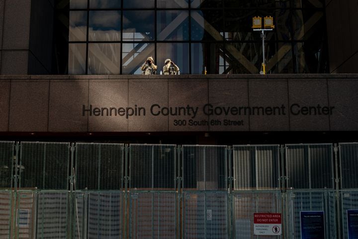 National Guard troops check the area outside the Hennepin Country Government Center in Minneapolis on Tuesday, April 20, 2021, where the jury is deliberating the Derek Chauvin case. (Amr Alfiky/The New York Times)