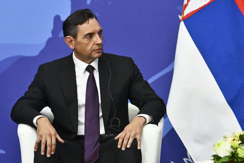 Serbian Deputy Prime Minister Aleksandar Vulin listens to Russian President Vladimir Putin during their meeting on the sidelines of the Eastern Economic Forum in Vladivostok, Russia, on Wednesday, Sept. 4, 2024. (Kristina Kormilitsyna, Sputnik, Kremlin Pool Photo via AP)