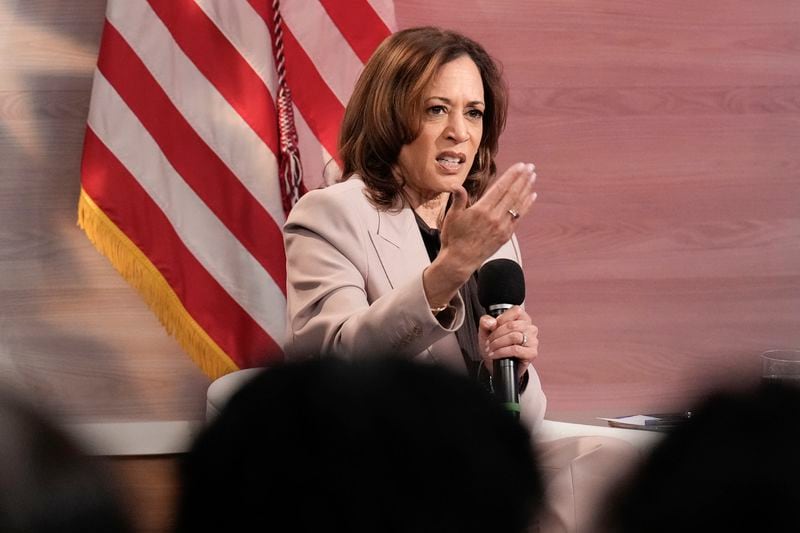 Democratic presidential nominee Vice President Kamala Harris is interviewed by members of the National Association of Black Journalists at the WHYY studio in Philadelphia, Tuesday, Sept. 17, 2024. (AP Photo/Jacquelyn Martin)