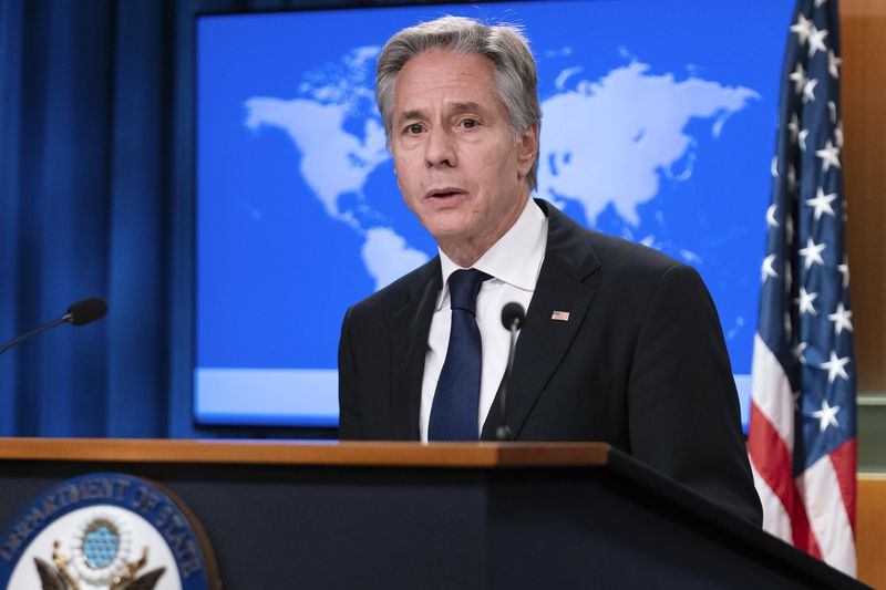 Secretary of State Antony Blinken speaks during a news conference about Russia's election interference at the Department of State in Washington, Friday, Sept. 13, 2024. (AP Photo/Jose Luis Magana)