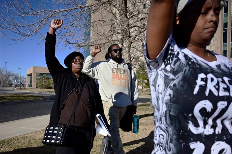 FILE - Sheneen McClain, left, the mother of Elijah McClain, and a supporter leave the Adams County Justice Center in Brighton, Colo. March 1, 2024. (Hyoung Chang/The Denver Post via AP, File)