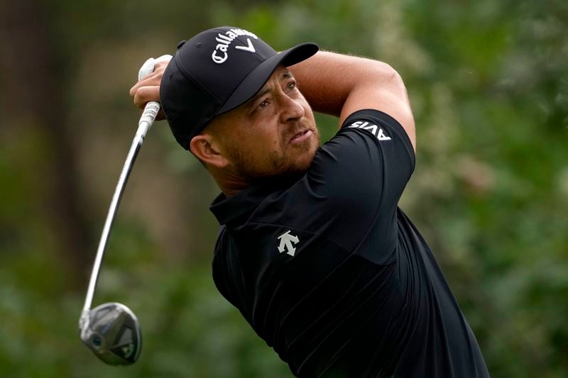 Xander Schauffele hits from the second tee during the first round of the BMW Championship golf event at Castle Pines Golf Club, Thursday, Aug. 22, 2024, in Castle Rock, Colo. (AP Photo/Matt York)