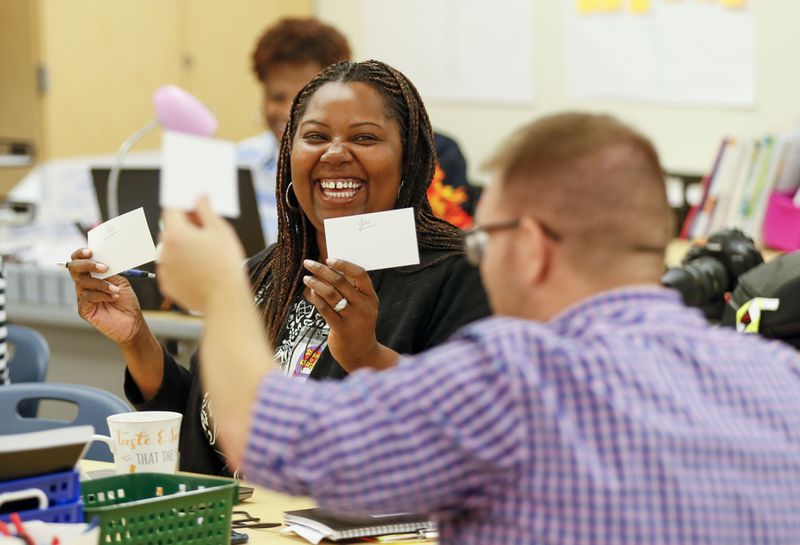 Principal Dione Simon Taylor during a meeting with an instructional coach and the first-grade teaching team.   Bob Andres / robert.andres@ajc.com