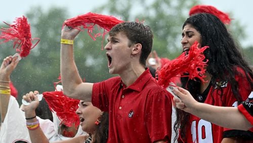 Georgia fans cheer during the second half in an NCAA football game at Sanford Stadium, Saturday, Sept. 16, 2023, in Athens. Georgia won 24 -14 over South Carolina. (Hyosub Shin / Hyosub.Shin@ajc.com)