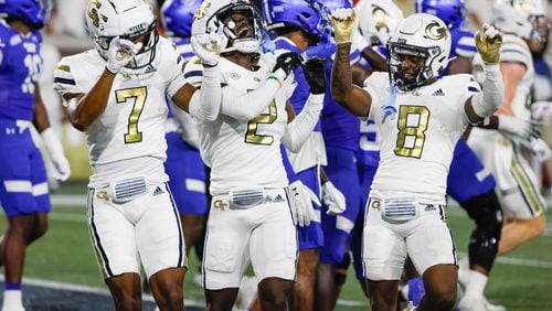 Georgia Tech Yellow Jackets wide receiver Eric Singleton Jr. (2) celebrates his second-half touchdown during an NCAA football game between the Georgia State Panthers and Georgia Tech at Bobby Dodd Stadium in Atlanta on Saturday, Aug. 31, 2024. (Bob Andres for The Atlanta Journal-Constitution)