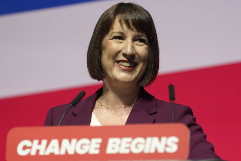 Britain's Chancellor of the Exchequer Rachel Reeves speaks during the Labour Party Conference in Liverpool, England, Monday, Sept. 23, 2024.(AP Photo/Jon Super)