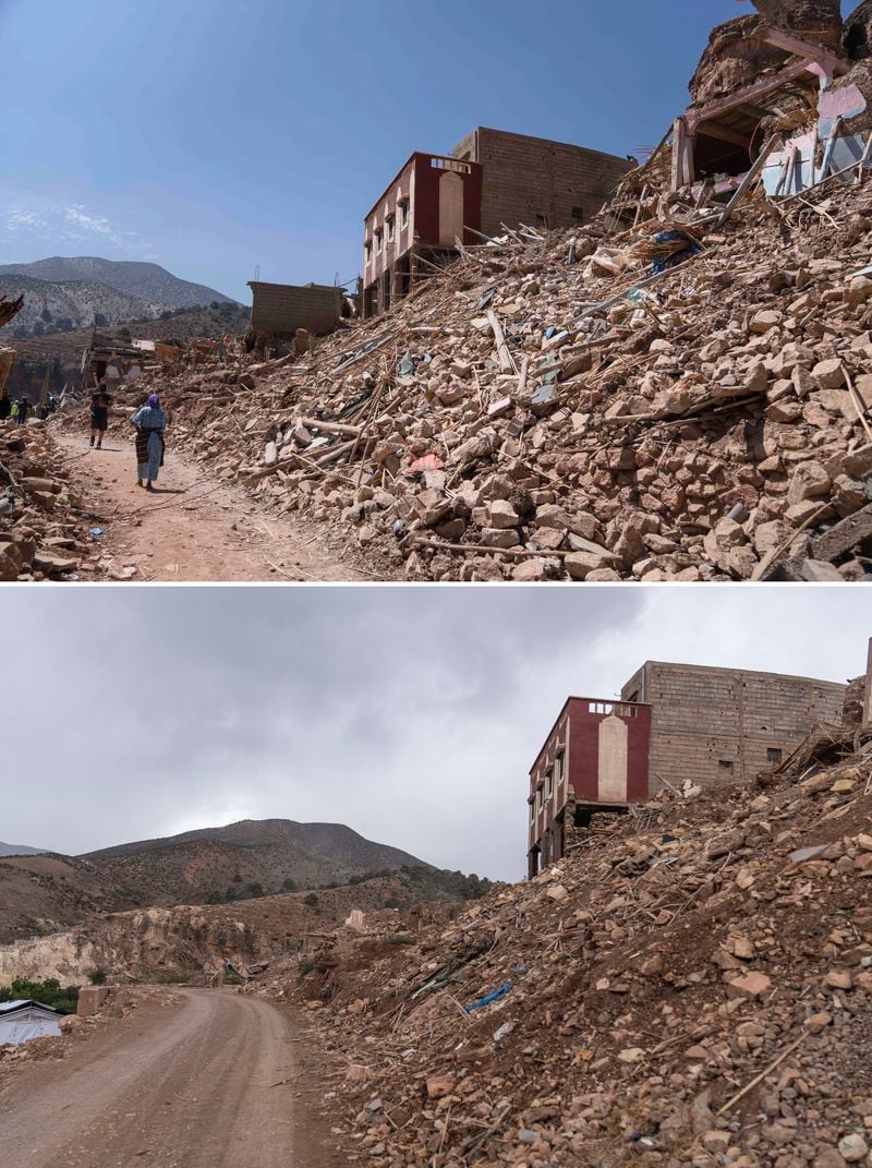 In this combination of photos, people walk past the wreckage caused an earthquake in the town of Imi N'tala, Morocco, outside Marrakech, Tuesday, Sept. 12, 2023, and the same road on Sept. 4, 2024. (AP Photo/Mosa'ab Elshamy)