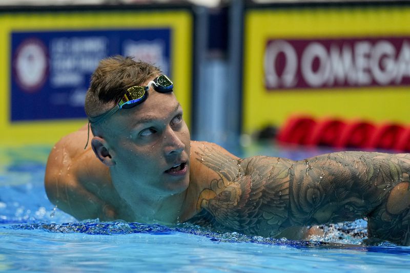 Caeleb Dressel after winning the Men's 50 freestyle finals Friday, June 21, 2024, at the US Swimming Olympic Trials in Indianapolis. (AP Photo/Michael Conroy)