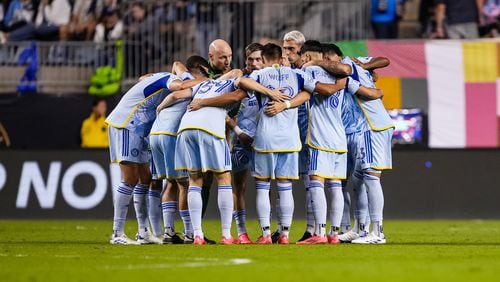 Second half huddle during the match against the Philadelphia Union at Subaru Park in Philadelphia, PA on Saturday September 28, 2024. (Photo by Mitch Martin/Atlanta United)