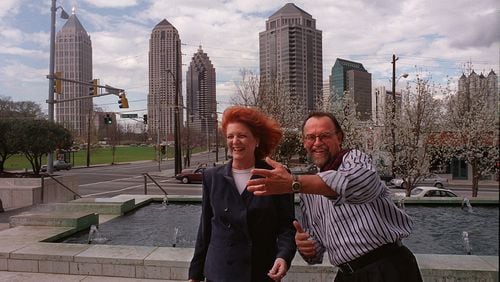 Midtown Alliance leader Susan Mendheim (left) and consultant Tony Nelessen are shown outside the Midtown Alliance office on Peachtree Street in 1997. The organization was preparing for Blueprint Midtown, a master planning effort for the future of Midtown. (AJC File)