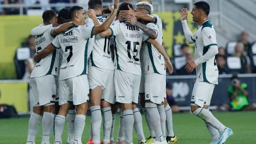 Liga MX All-Stars celebrate their goal against the MLS All-Stars during the first half of the MLS All-Star soccer match Wednesday, July 24, 2024, in Columbus, Ohio. (AP Photo/Jay LaPrete)
