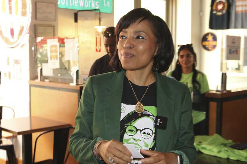 Prince George's County Executive Angela Alsobrooks, the Democratic nominee for U.S. Senate in Maryland, greets supporters on Friday, Aug. 23, 2024 in Riverdale Park, Md., after returning from the Democratic National Convention. (AP Photo/Brian Witte)