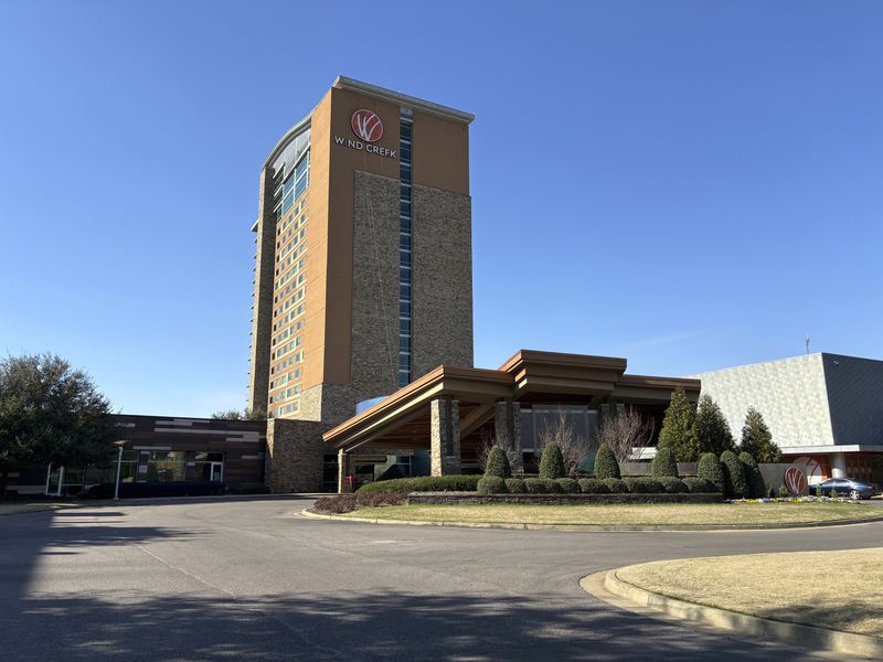 The Wind Creek Casino and Hotel is seen on Feb. 25, 2024, in Wetumpka, Ala., where the Oklahoma-based Muscogee (Creek) Nation contends Alabama's Poarch Band of Creek Indians broke their legal promise to preserve a historic Muscogee site when they acquired it in 1980. (AP Photo/Kim Chandler)