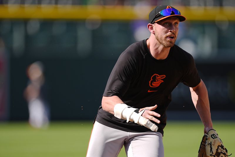 Injured Baltimore Orioles first baseman Ryan Mountcastle warms up before a baseball game against the Colorado Rockies, Saturday, Aug. 31, 2024, in Denver. (AP Photo/David Zalubowski)