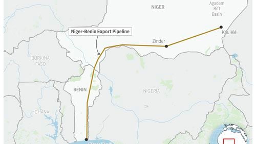 Attacks and diplomatic disputes are hampering oil flows through a China-backed pipeline running from Niger to Benin's coast. (AP Graphic)