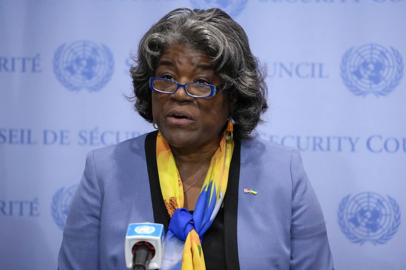 FILE - Linda Thomas-Greenfield, United States Ambassador to the United Nations, speaks after a meeting of the United Nations Security Council, Aug. 24, 2023, at United Nations headquarters. (AP Photo/John Minchillo, File)