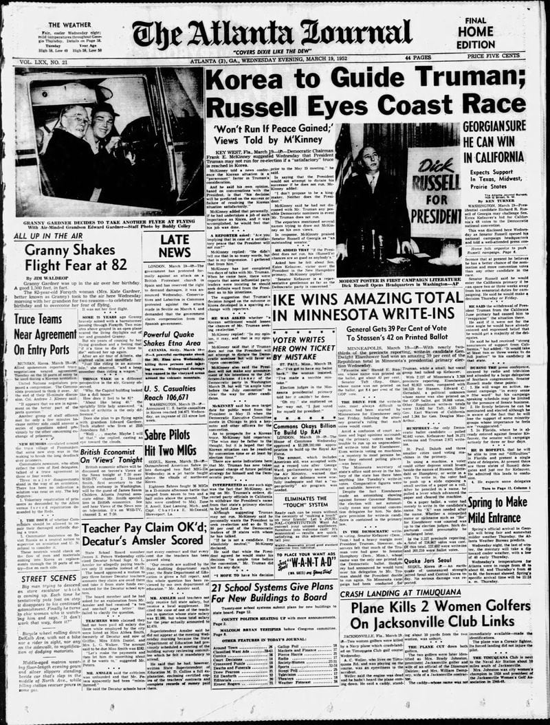 The Atlanta Journal front page on March 19, 1952.
