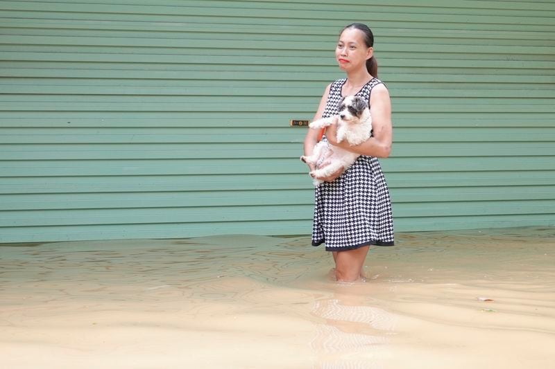 Local resident Mai Anh, carrying her dog, reacts after seeing her flooded shop in the aftermath of Typhoon Yagi, in Hanoi, Vietnam on Thursday, Sep. 12, 2024. (AP Photo/Hau Dinh)