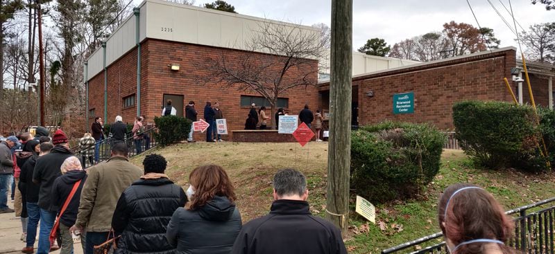 Just before 11 a.m., voters said it took them two hours to vote at Briarwood Briarwood Recreation Center. Voter Justin Gilman, who was still in line said he had already waited an hour. (Photo by Justin Gilman)