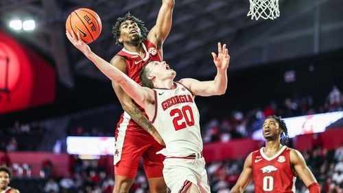 Georgia's Noah Baumann puts up a shot against Arkansas Wednesday at Stegeman Coliseum in Athens. (Photo by Mackenzie Miles / Georgia Athletics)