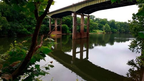 The Chattahoochee River flows underneath the Oglethorpe Bridge (HWY 280) that connects Columbus, Georgia with Phenix City, Alabama. In September 2023, the Muscogee County Sheriff’s Office issued an alert after deputies said they noticed an increase in alligator activity near the bridge behind the Columbus Civic Center. (Photo Courtesy of Mike Haskey)