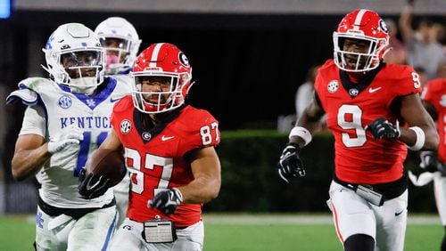 Georgia Bulldogs wide receiver Mekhi Mews (87) has a long punt return called back for clipping during the second half of an NCAA football game between Kentucky and Georgia in Athens on Saturday, Oct. 7, 2023.  (Bob Andres for the Atlanta Journal Constitution)