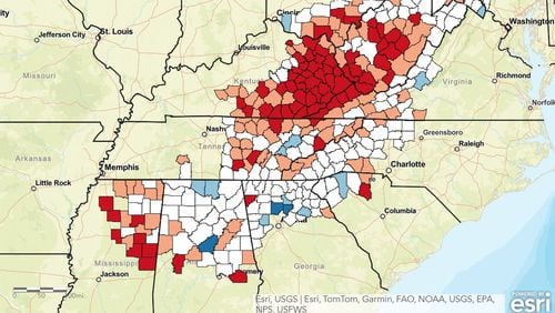 The analysis compares each of the ARC’s 423 counties with national averages for unemployment rates, per capita income and poverty rates over the previous three-year period. (ARC.gov|Esri, TomTom, Garmin, FAO, NOAA, USGS, EPA, NPS, USFWS)