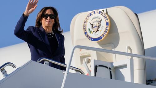 Democratic presidential nominee Vice President Kamala Harris boards Air Force Two in Las Vegas, Monday, Sept. 30, 2024, en route to Washington. (AP Photo/Carolyn Kaster)