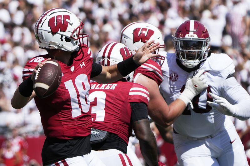 Wisconsin's Braedyn Locke (18) thorws during the first half of an NCAA college football game against Alabama Saturday, Sept. 14, 2024, in Madison, Wis. (AP Photo/Morry Gash)